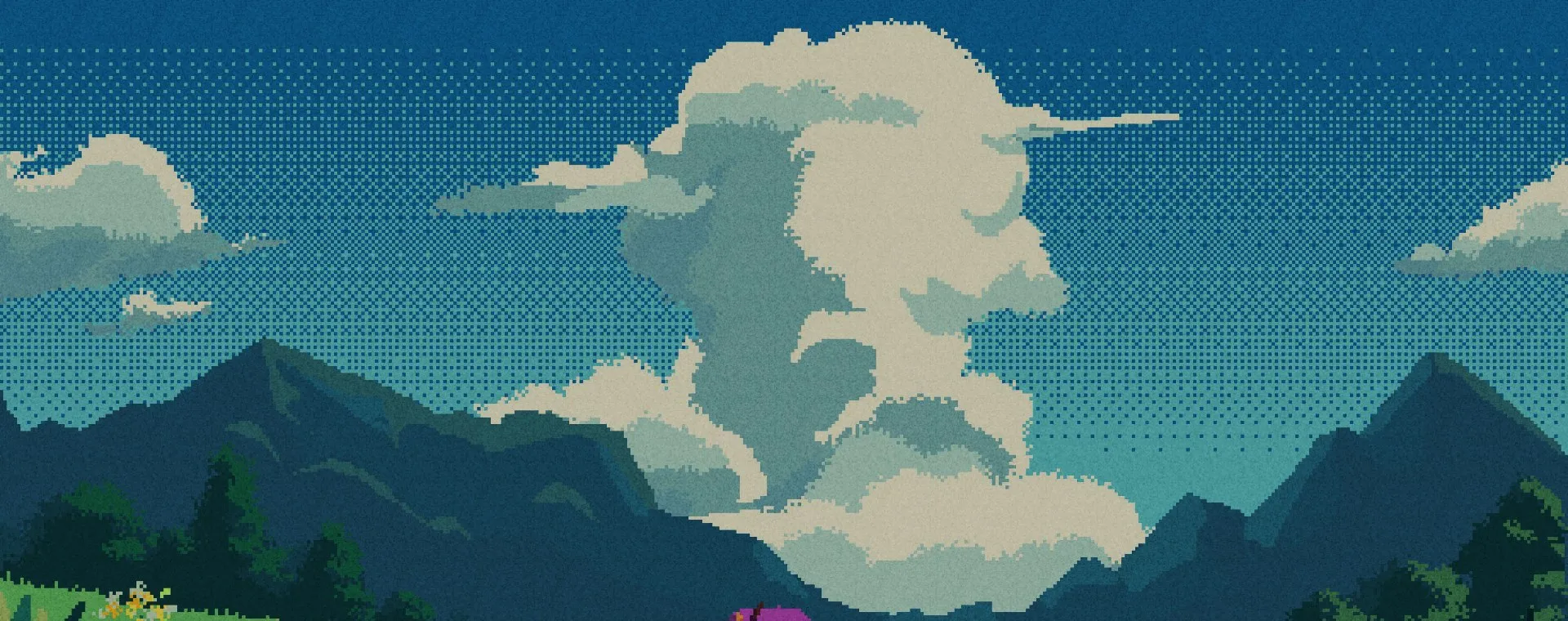 Pixel-art meadow and mountains under a daytime sky